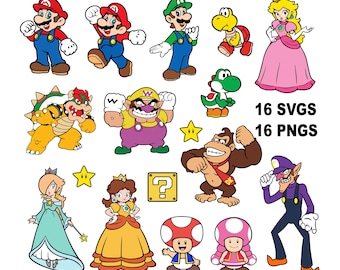 16 Svgs and Pngs, Mario and Characters Svgs, Cricut Digital Download Cut File