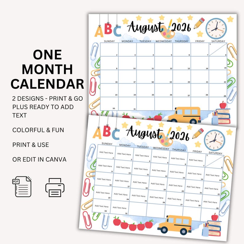 Editable August 2026 Calendar, Canva Template, Printable Back to School ...