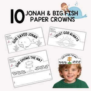 Jonah and the Big Fish Paper Crowns for Kids, Old Testament Sunday School Craft, Printable Party Hats, Classroom Activity, Coloring Page