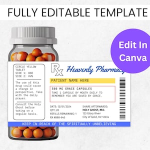 Prescription Label Template, Canva Template Editable, Pill Bottle Label, RX Label, Medicine Stickers, Bottle Labels, Party Favor Grace