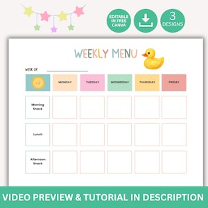 Menu hebdomadaire modifiable pour garderie, modèle Canva, planificateur de repas, suivi des menus petit-déjeuner, déjeuner, dîner et collations, garderie à domicile, garderie préscolaire