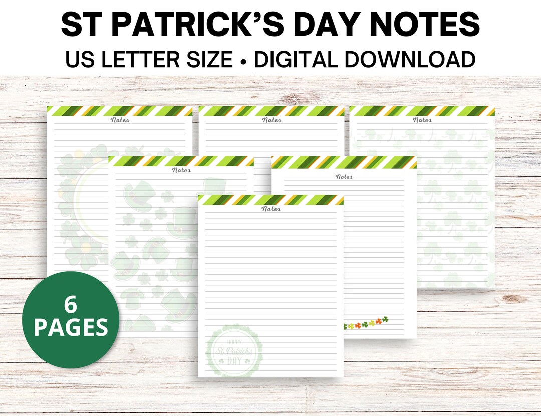 St Patrick's Day Designs Notes Sheets US Letter Size Digital Printable ...