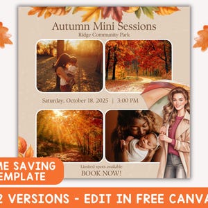 Editable Autumn Mini Sessions Canva Template, Fall Photography Social Media Marketing Tools, Professional Indoor Outdoor Photo Shoots