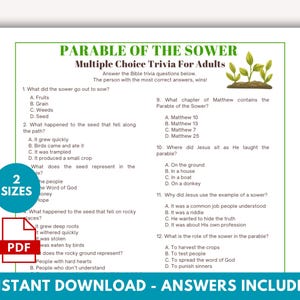 May include: A printable trivia game titled "Parable of the Sower" with multiple-choice questions for adults. The design features a green border, a graphic of sprouting plants, and the text "2 Sizes" and "PDF". The bottom text reads "Instant Download - Answers Included".