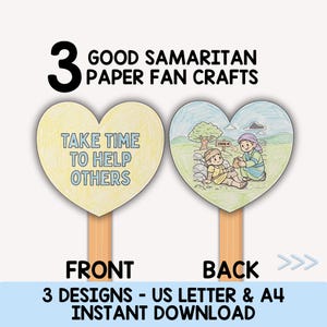 May include: Two heart-shaped paper fan crafts on wooden sticks. The left side shows yellow paper with the text TAKE TIME TO HELP OTHERS. The right side shows a coloured illustration of two people in a landscape with an INN sign. Text reads 3 GOOD SAMARITAN PAPER FAN CRAFTS and 3 DESIGNS - US LETTER & A4 INSTANT DOWNLOAD.