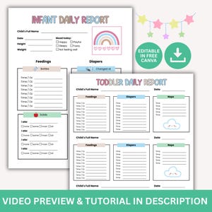 Modulo di resoconto giornaliero modificabile per neonati e bambini piccoli, modello Canva, per babysitter a domicilio, asilo nido, per alimentazione, cambio pannolino e registrazione dei sonnellini.