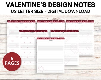 Valentinstag Designs Notizen Blätter | US Letter | Digital Druckbare Download | PDF Datei