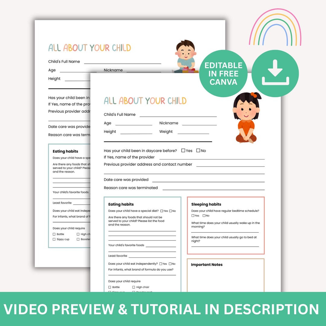 Child Notes Editable Daycare Child Information, Canva Template, All About Me ...