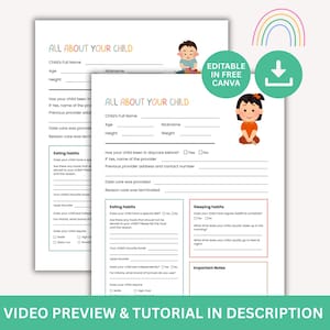 Editable Daycare Child Information, Canva Template, All About Me, Sunday School Classroom Use, Home Daycare Child Care Forms, Child Notes