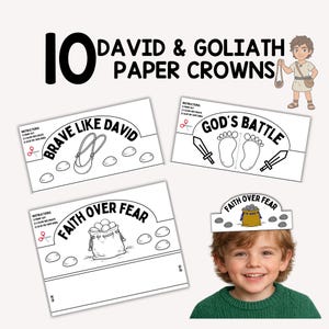 David and Goliath Paper Crowns for Kids, Printable Party Hats, DIY Classroom Activity, Coloring Page Craft, Old Testament Sunday School