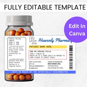 Modelo de rótulo de receita, modelo editável do Canva, rótulo de frasco de comprimidos, rótulo de prescrição, adesivos de medicamentos, rótulos de frascos, comprimidos de oração, festa