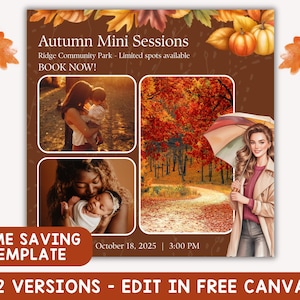 Editable Autumn Mini Sessions Canva Template, Fall Photography Social Media Marketing Tools, Professional Indoor Outdoor Photo Shoots