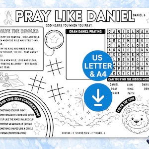 May include: Black and white printable activity sheet titled "Pray Like Daniel." Features riddles, a word search, a scavenger hunt, and a drawing prompt. Includes a lion illustration and the text "God hears you when you pray."