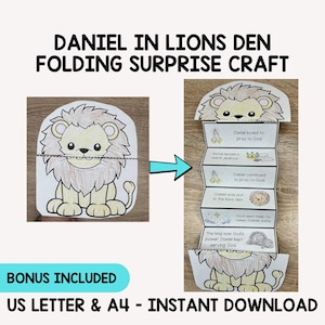 May include: A Daniel in Lions Den folding surprise craft featuring a colored lion illustration that opens to reveal a vertical accordion-style paper strip with text and small icons detailing the biblical story of Daniel and his faith in God.