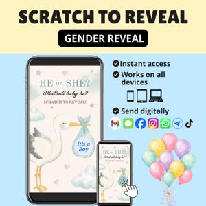 Puede incluir: Una tarjeta digital de revelación de género con una cigüeña que lleva un paquete con el texto It's a Boy. La pantalla muestra HE or SHE? What will baby be? SCRATCH TO REVEAL! junto a iconos para compartir digitalmente y globos.