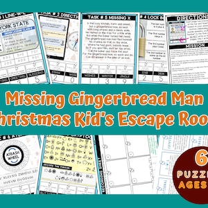 May include: A colorful printable escape room game for kids featuring a gingerbread man theme. The game includes six puzzles with a Christmas theme. The puzzles are designed for ages 6 and up.