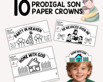 Couronnes en papier fils prodigue pour enfants, travaux manuels de l'école du dimanche du Nouveau Testament, chapeaux de fête à imprimer, activité bricolage en classe, coloriage