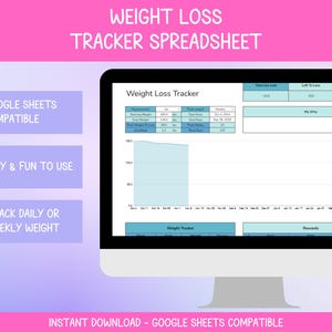 Può includere: Uno schermo di computer che mostra un foglio di calcolo di tracciamento della perdita di peso in Google Sheets. Il foglio di calcolo include un grafico a linee, tabelle di dati e una sezione per impostare gli obiettivi. Il testo sullo schermo dice "Weight Loss Tracker".