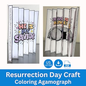 May include: A white paper agamograph craft with the text "HE IS MY SAVIOR" and "JESUS IS ALIVE!". The craft is designed for coloring and features a folded design. Includes a US Letter PDF download.