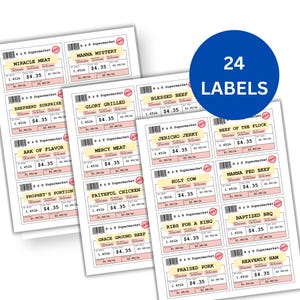 Étiquette d'aliment, Viande mystère, Imprimable, Étiquette de produit amusante, Étiquettes de cadeaux, Idées cadeaux bâillon, Autocollants fausses viandes, Thème chrétien amusant