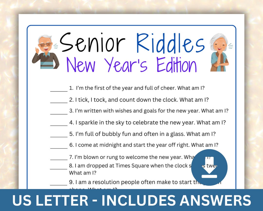 Senior Riddle Printabl Printable New Year's Eve Senior Riddles, Family Game Night Parties, Fun ...