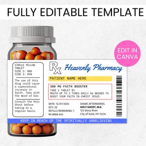 Plantilla de etiqueta de receta, plantilla editable de Canva, etiqueta de frasco de pastillas, etiqueta RX, pegatinas de medicamentos, etiquetas de botellas, recuerdo de fiesta Faith