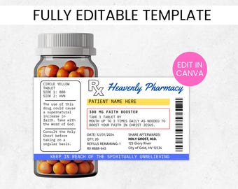 Prescription Label Template, Canva Template Editable, Pill Bottle Label, RX Label, Medicine Stickers, Bottle Labels, Party Favor Faith