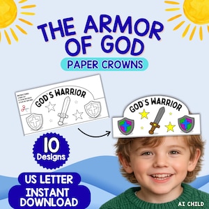 Papierowe korony dla dzieci „Zbroja Boga”, zajęcia plastyczne w szkole niedzielnej, kolorowanki biblijne, czapeczki imprezowe do druku, aktywności do klasy DIY, Nowy Testament