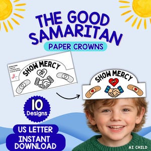 Coronas de papel del Buen Samaritano para niños, manualidad para la escuela dominical, páginas para colorear de la Biblia, sombreros de fiesta imprimibles, actividad del Nuevo Testamento, Escuela Bíblica de Vacaciones