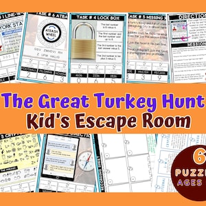 May include: A colorful Thanksgiving-themed escape room game for kids aged 6-8. The game includes six puzzles with various challenges, including lock boxes, codes, and word puzzles. The title "The Great Turkey Hunt" is displayed prominently.