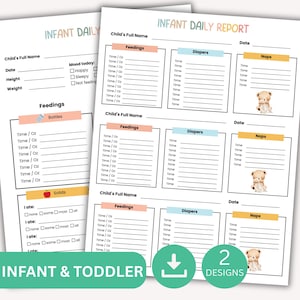 Op de afbeelding: Twee afdrukbare dagelijkse rapportbladen voor baby's. Elk blad heeft secties voor de volledige naam van het kind, de datum, de lengte, het gewicht, de stemming, voedingen, luiers en dutjes. De bladen zijn gelabeld met "Infant Daily Report" en "Infant & Toddler".