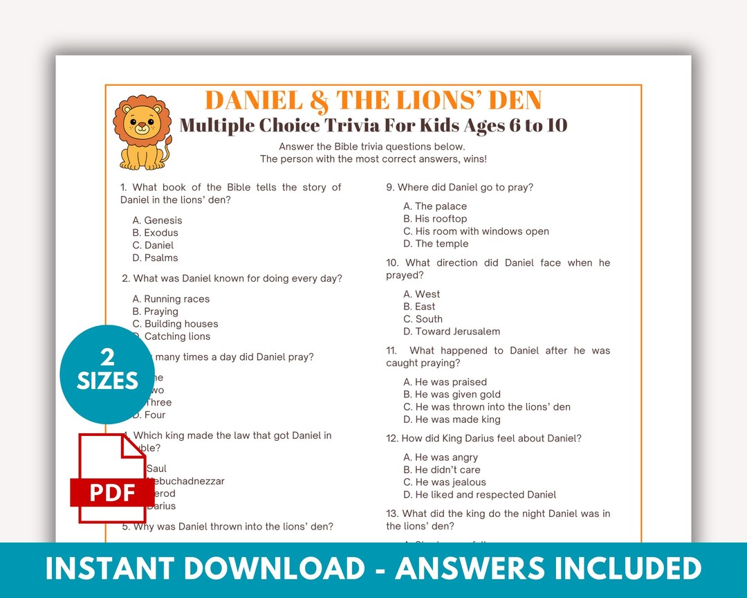 Daniel in the Lions Den Trivia Game, Sunday School Bible Game, Bible ...