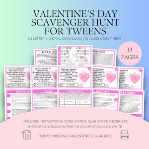 Indoor-Valentinstag-Schnitzeljagd, Tween-Schatzkarten, Clues-Rätsel-Codes, mystische druckbare Spielaktivität, Winter-Familienfest-Kinder