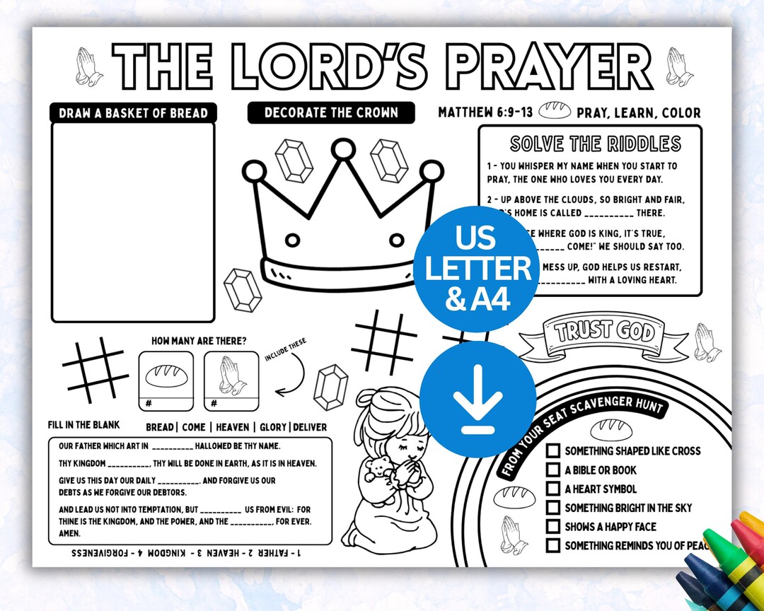 Lords Prayer Activity Sheet, Sunday School Craft Placemat, Kids Bible ...