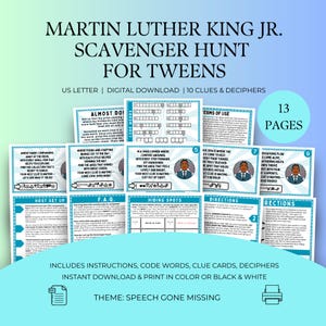 Caça ao tesouro interna do dia de Martin Luther King Jr., cartão do tesouro para pré-adolescentes, códigos de enigmas de pistas, atividade de jogo para impressão de mistério, festa de família para crianças