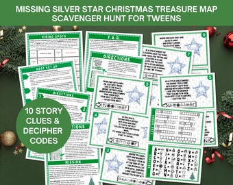 Peut inclure: Une chasse au trésor imprimable verte et blanche pour les préadolescents sur le thème de Noël. La chasse au trésor comprend 10 indices d'histoire et des codes à déchiffrer. L'image montre un gros plan des indices et des codes, avec une étoile argentée en arrière-plan.