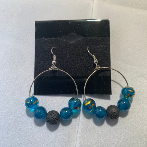 Blue With Gold Specks Dangle Earrings With Lava Rock Bead