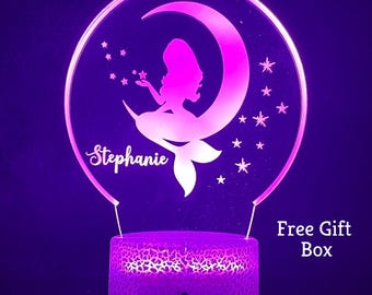 Personalized Mermaid LED Night Light, Kids Room Decor