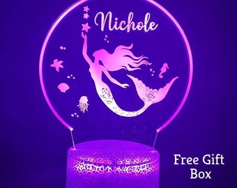 Personalized Mermaid LED Night Light, Kids Bedroom Decor,Kids Personalized Acrylic Night Light, Kids Perfect Christmas  Gift for Girls