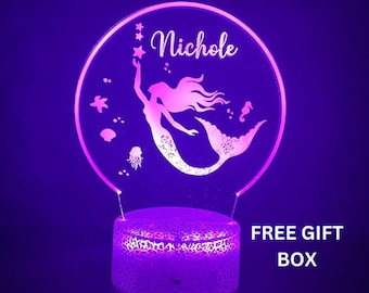 Kids Personalized Mermaid Night Light, Girls Birthday Gift, Custom Name Led Night Light for Kids Bedroom Decor