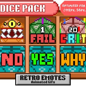 6 Animierte Retro Würfel Emotes | Gif Pack für Youtube, Discord, Twitch | DnD Würfel Twitch Emotes | Niedliches D20 Nerdy Stream Pack