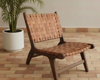 Solid Walnut Wood Frame with Woven Leather Seat | Boho Chic Moroccan Armchair, Handcrafted Lounge