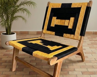 Modern Bohemian Lounge Chair, Handcrafted Woven Cord, Yellow and Black, Mid-Century Style, Accent Seating, Unique Home Decor