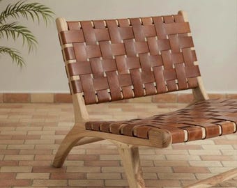 Handcrafted Moroccan Armchair: Walnut Wood & Woven Leather Seat