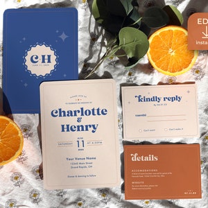 Retro Wedding Invitation Bundle, 70&#39;s Wedding Invitation, Groovy Wedding Stationary, Blue Orange Wedding, Editable Wedding Invitation, Daisy