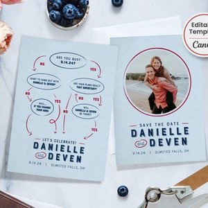 May include: A blue and white save the date card with a flow chart design. The card says "Let's Celebrate! Danielle and Deven 9.14.24 Olmsted Falls, OH". The second card says "Save the Date - Danielle and Deven 9.14.24 Olmsted Falls, OH".
