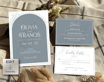 Boho Wedding Invitation Suite, Editable Blue Grey Template (Instant Download)