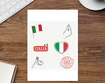 May include: A sticker sheet with Italian themed designs. The sheet includes a flag, a heart with the flag, a hand gesture, the word "ITALIA", a fork and heart, and a red stamp that says "MADE IN ITALY".