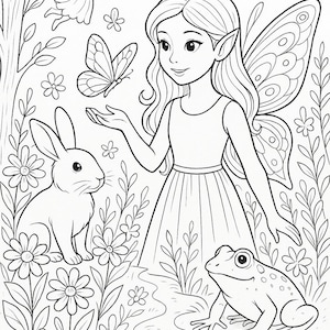 Könnte beinhalten: Schwarz-Weiß-Illustration einer Fee mit Schmetterlingsflügeln, umgeben von Schmetterlingen, Blumen, einem Kaninchen und einem Frosch. Die Fee trägt ein Kleid und hat lange Haare. Eine Malbuchseite.