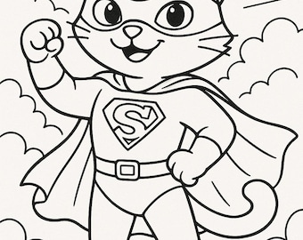 Super Cat Superhero Coloring Pages – Instant Printable Kids Coloring Book Sheets, Digital Download